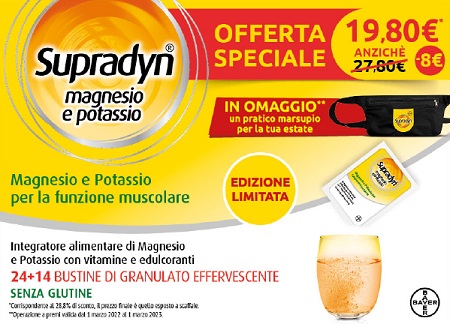 SUPRADYN MAGNESIO/POTASSIO SPORT EDITION 1 SUPRADYN MAGNESI O&POTASSIO 24 BUSTE + 1 SUPRADYN MAGNESIO&POTASSIO 14 BUSTE MARSUPIO OMAGGIO - FarmaLucia