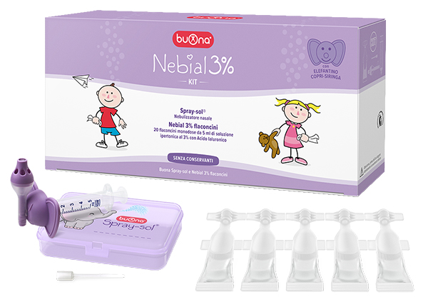 NEBIAL 3% KIT 20 FLACONCINI MONODOSE 5ML SOLUZIONE IPERTONICA CON ACIDO IALURONICO + NEBULIZZATORE SPRAY-SOL - FarmaLucia