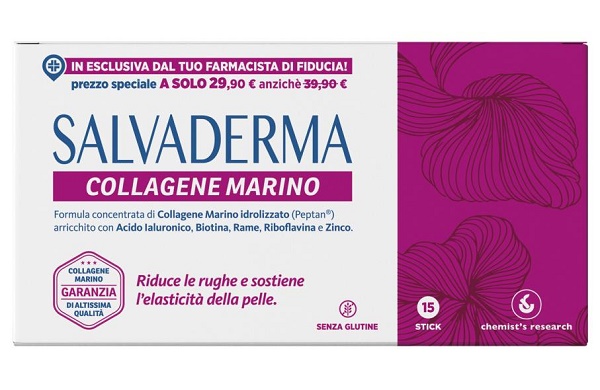 SALVADERMA COLLAGENE MARINO | Collagene Marino Idrolizzato arricchito con Acido Ialuronico, Biotina, Rame, Riboflavina e Zinco | Riduce le rughe | 15 Stick Monodose - FarmaLucia