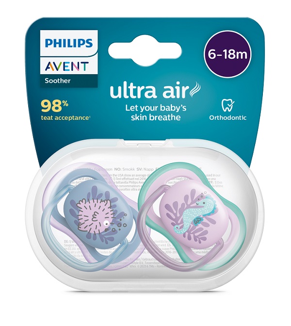AVENT ULTRA AIR CIUCCIO ORTODONTICO 6-18 MESI PESCE PALLA/CAVALLUCCIO MARINO 2 PEZZI - FarmaLucia